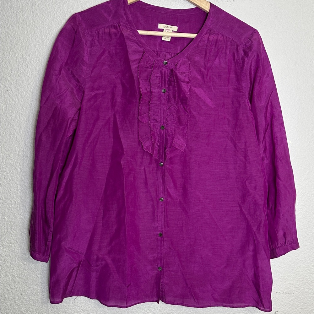 J. Crew Purple Top Ruffle Trim Button Down Blouse Silk Blend Womens 10